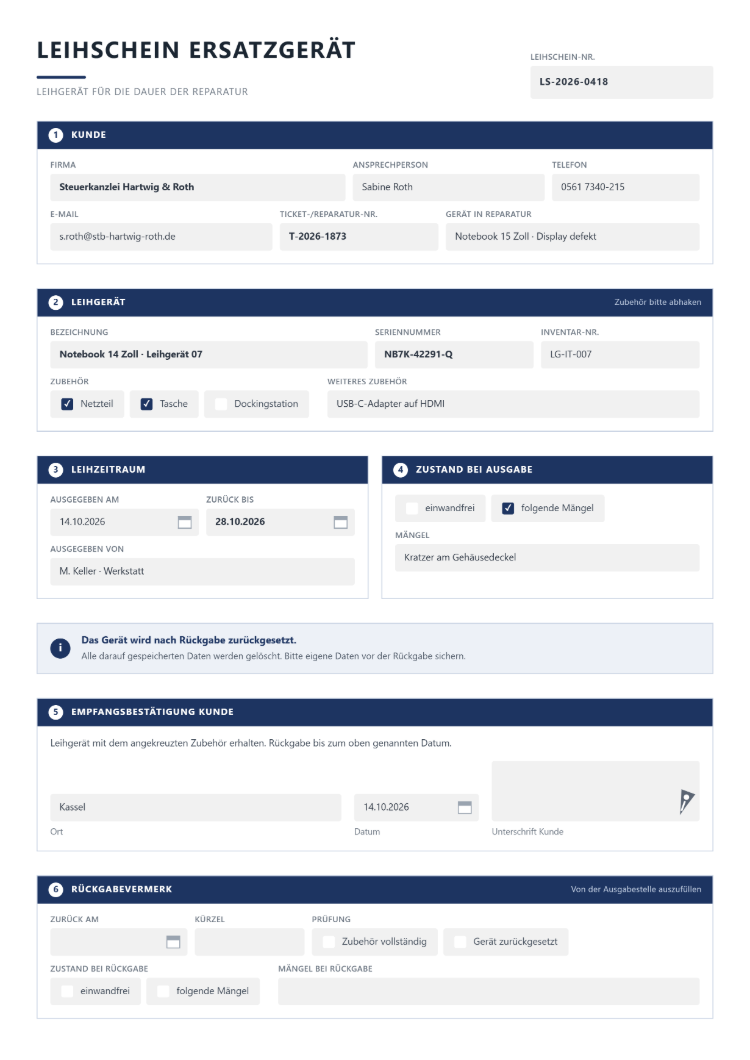 Leihschein Ersatzgerät für die Dauer der Reparatur mit Kunde und Ticket-Nummer, Leihgerät mit Seriennummer und abgehaktem Zubehör, Leihzeitraum mit zurück bis, Zustand bei Ausgabe, Hinweis zum Zurücksetzen des Geräts, Empfangsbestätigung und Rückgabevermerk