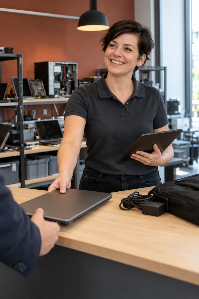 Servicetechnikerin im dunklen Poloshirt reicht an der Werkstatt-Theke lächelnd ein Leih-Notebook über den Tresen, in der anderen Hand ein Tablet, daneben Netzteil und Notebooktasche, im Hintergrund ein Regal mit Notebooks und Rechnern