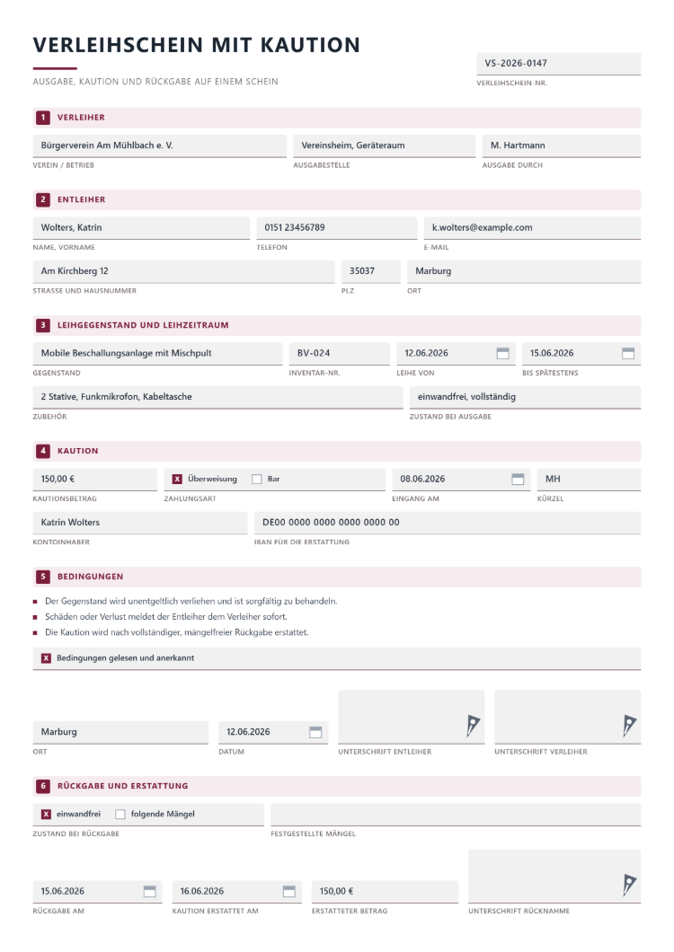 Verleihschein mit Kaution mit Verleiher und Entleiher, Leihgegenstand mit Inventarnummer und Leihzeitraum, Kautionsbetrag mit IBAN für die Erstattung, Bedingungen, Unterschriften beider Seiten sowie Rückgabe mit erstatteter Kaution