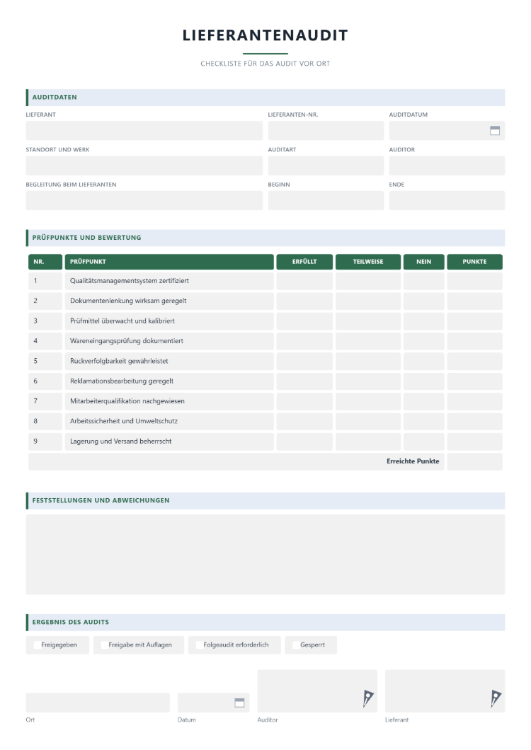 Checkliste für das Lieferantenaudit