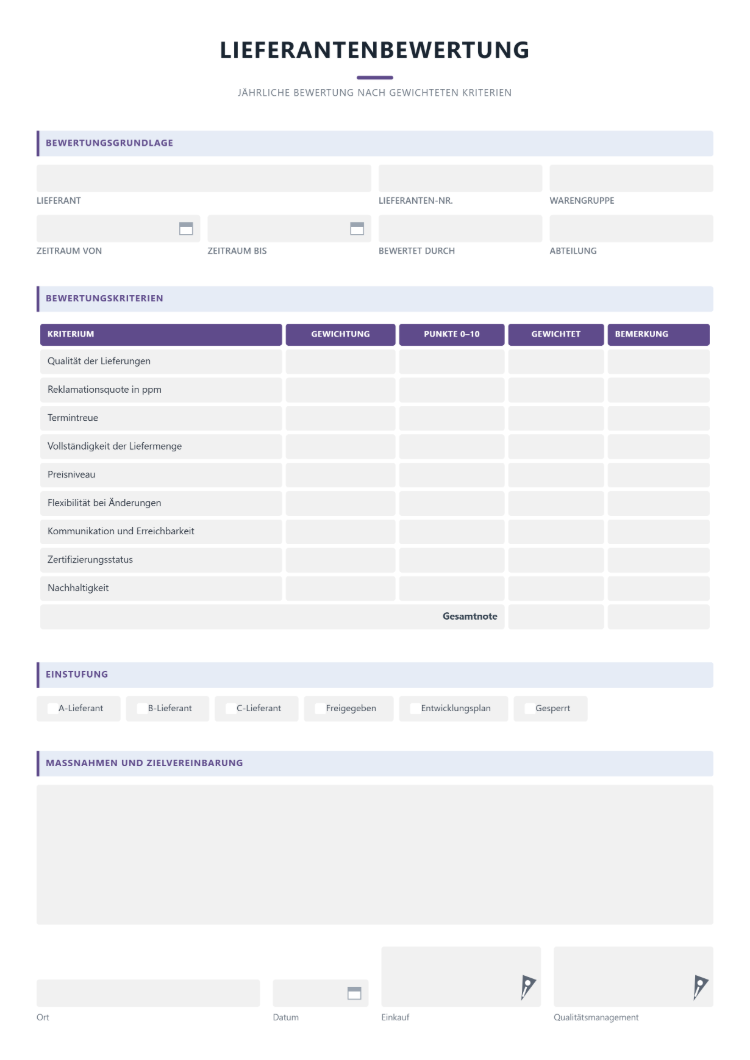 Formular zur Lieferantenbewertung
