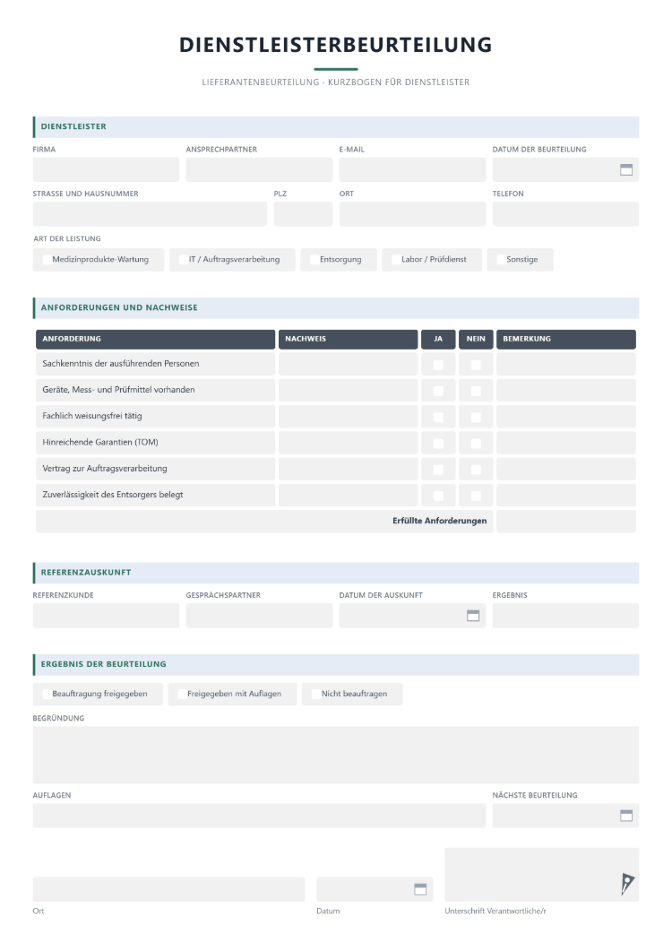Lieferantenbeurteilung als Kurzbogen für Dienstleister mit Anforderungen und Nachweisen