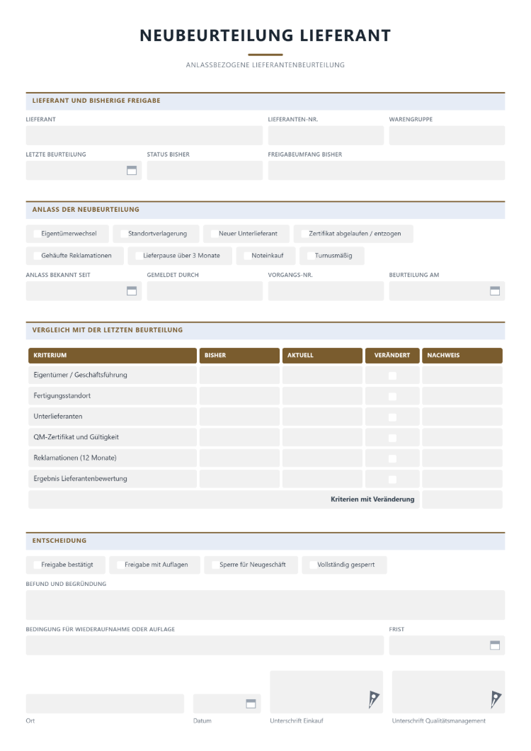 Neubeurteilung eines Lieferanten mit Anlass, Vergleich zur letzten Beurteilung und Entscheidung