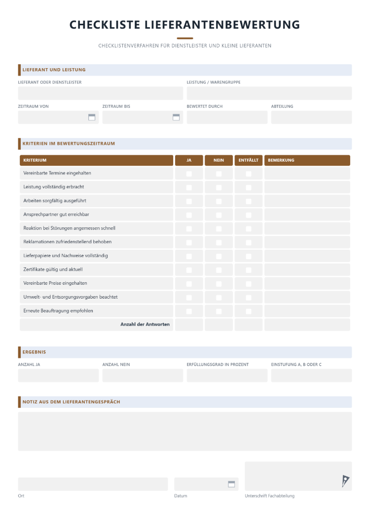 Checkliste zur Lieferantenbewertung für Dienstleister und kleine Lieferanten