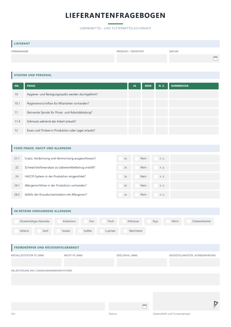 Lieferantenfragebogen zur Lebensmittel- und Futtermittelsicherheit mit Hygiene, HACCP und Allergenen