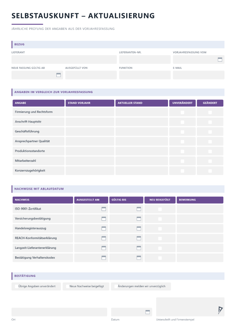 Aktualisierung der Selbstauskunft im Vergleich zur Vorjahresfassung