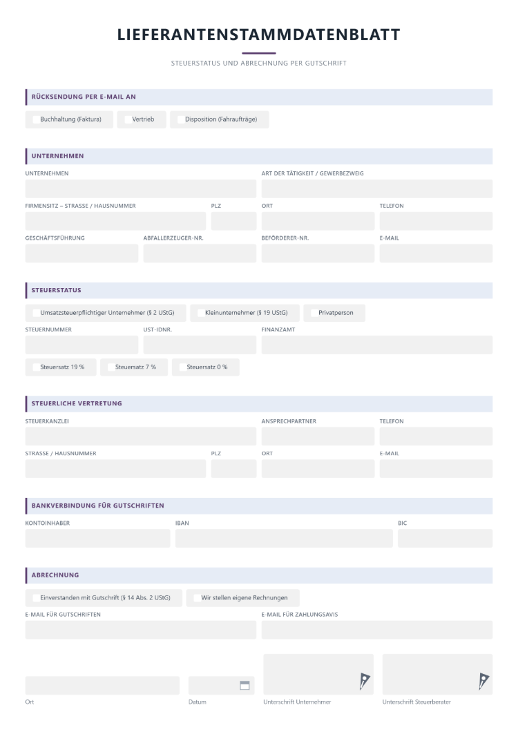 Lieferantenstammdatenblatt mit Steuerstatus und Abrechnung per Gutschrift