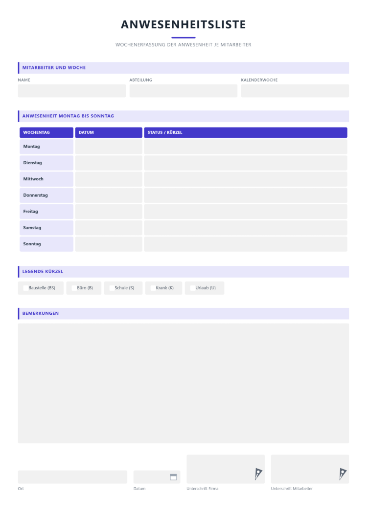 Anwesenheitsliste Vorlage