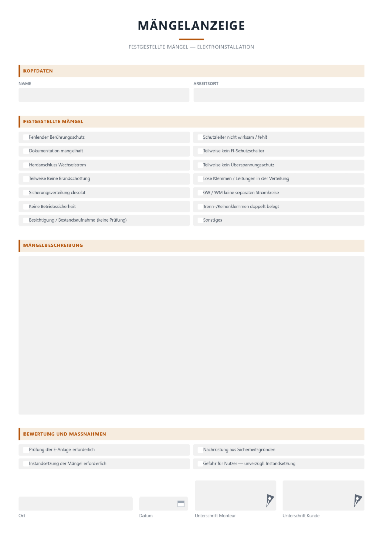 Mängelanzeige für Handwerker