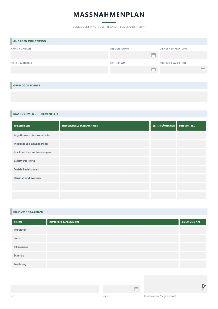 Maßnahmenplan-Muster nach den Themenfeldern der SIS® mit Risikomanagement