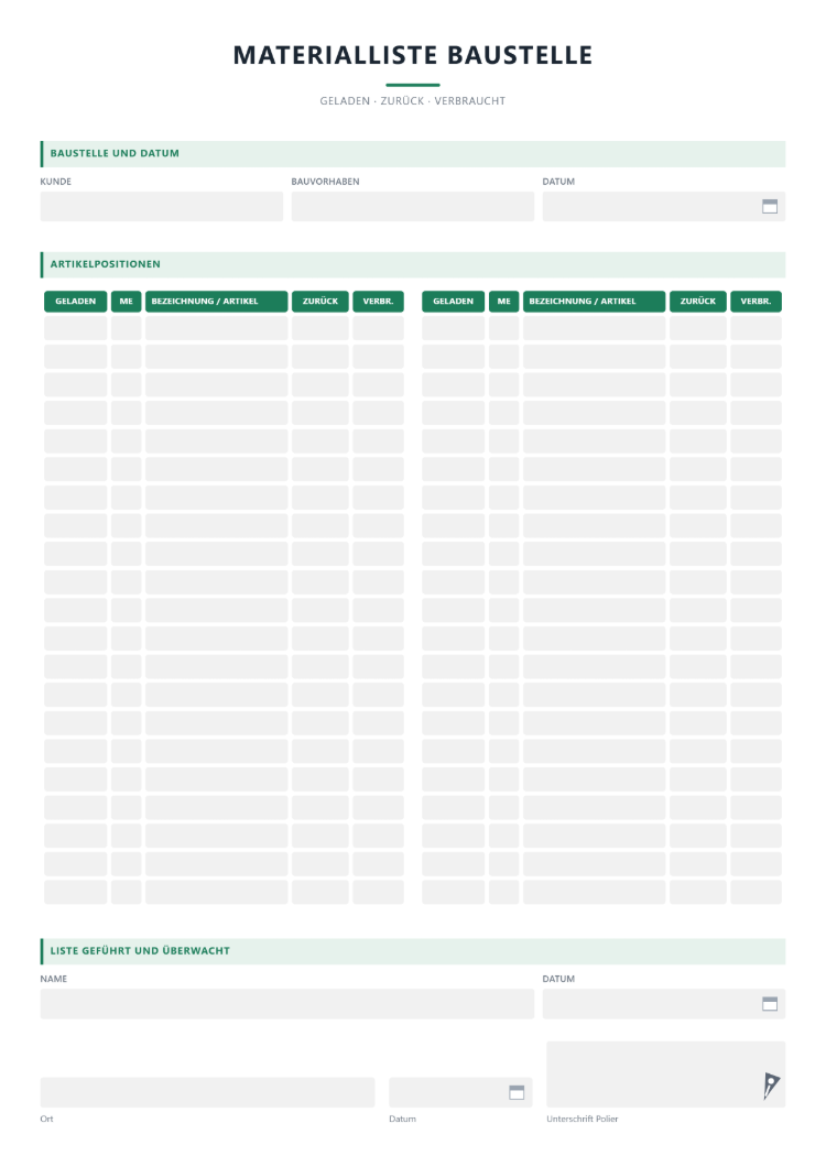 Materialliste für die Baustelle