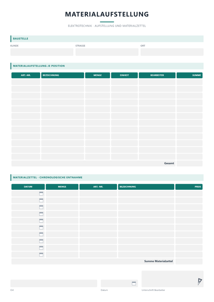 Materialliste für Elektro