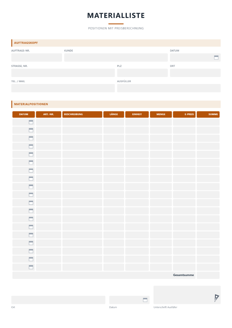 Materialliste Vordruck