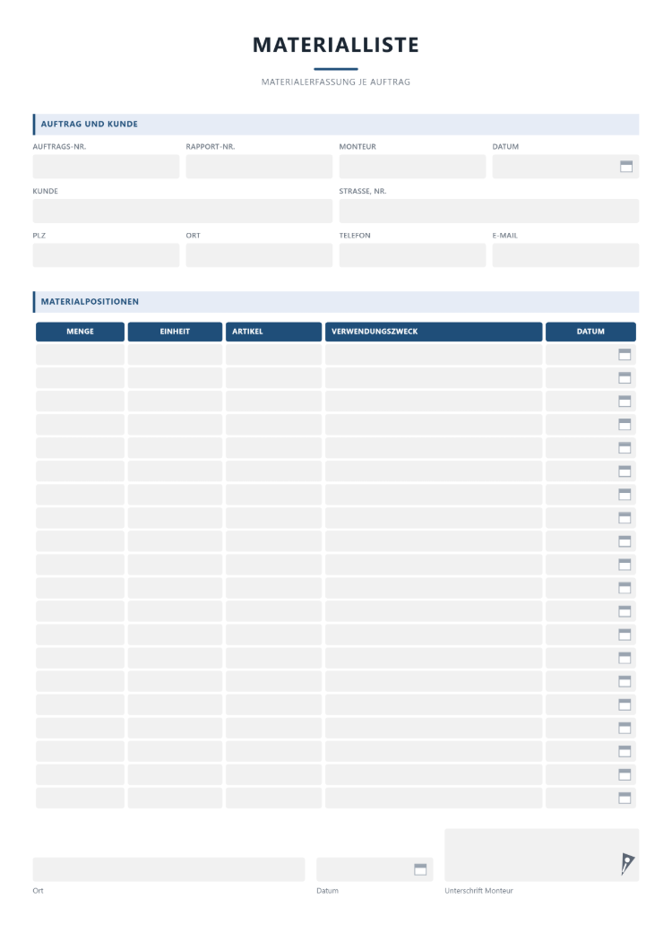 Materialliste Vorlage