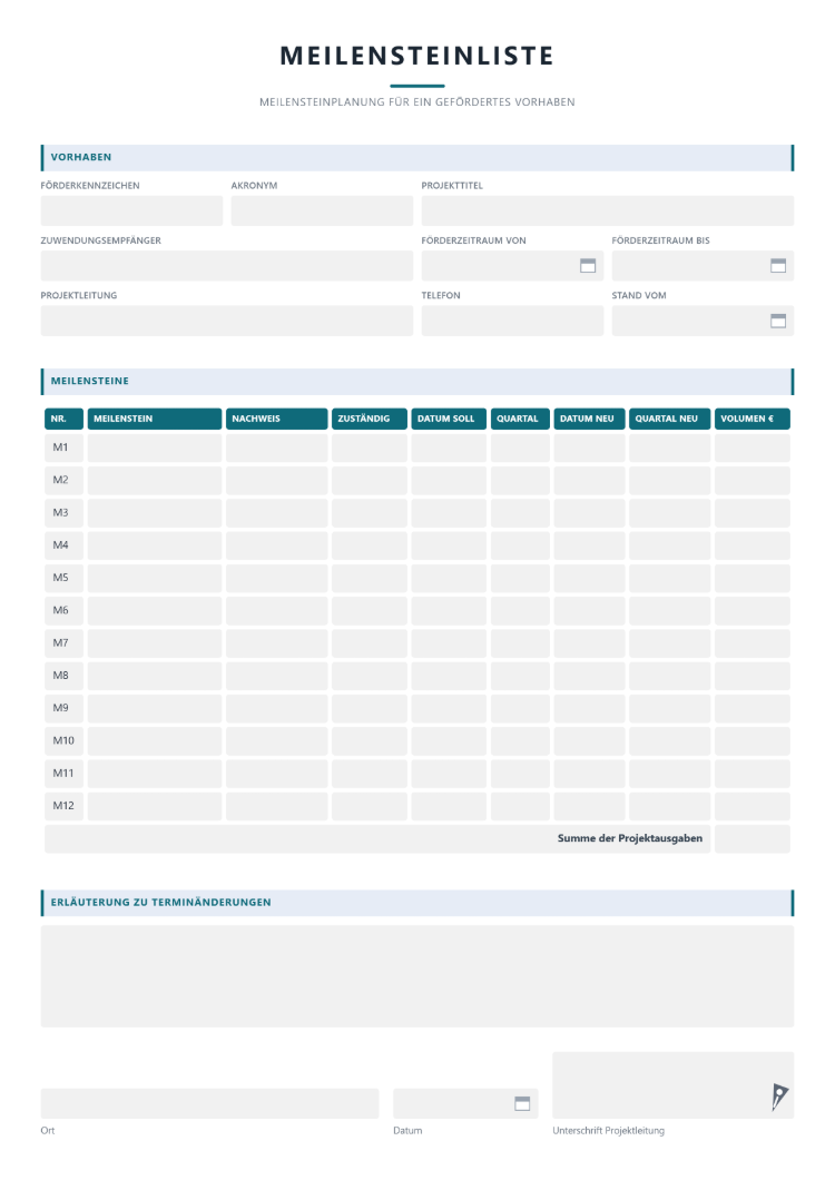 Meilensteinliste für ein gefördertes Vorhaben mit Förderkennzeichen, Nachweis, Datum Soll und neu, Quartal und Volumen