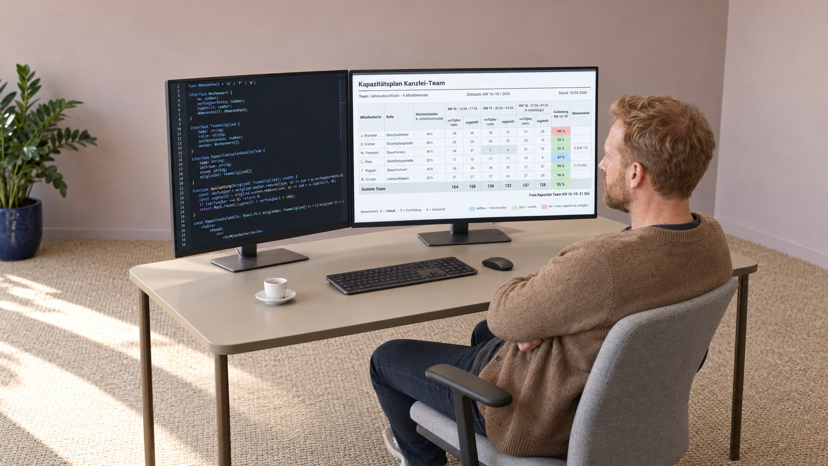 Entwickler programmiert die Mitarbeitereinsatzplanung: links der Code, rechts der Kapazitätsplan Kanzlei-Team mit verfügbaren und zugeteilten Stunden je Kalenderwoche und der Auslastung je Kopf