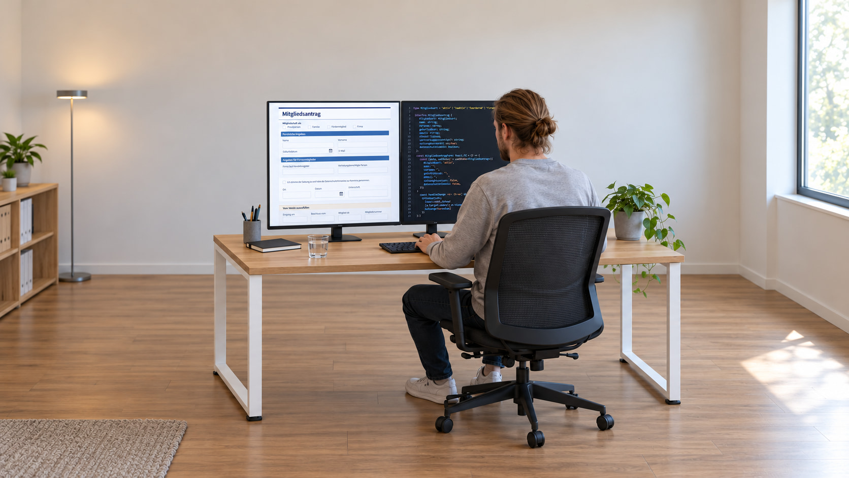 Entwickler programmiert einen Mitgliedsantrag: auf einem Monitor das Formular, auf dem anderen der Code