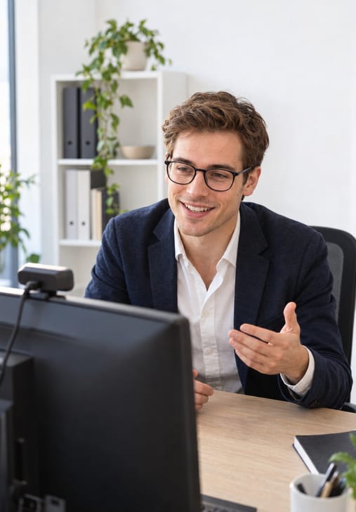 Formilo-Berater erklärt einem Verein im Online-Meeting per Webcam, wie sein Mitgliedsantrag entsteht