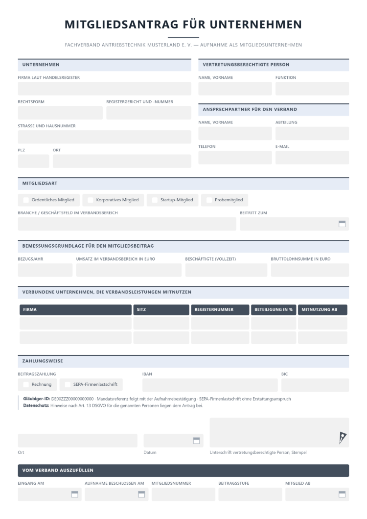 Mitgliedsantrag für Unternehmen in einem Fachverband mit vertretungsberechtigter Person, Beitragsbemessung nach Umsatz und Beschäftigten sowie verbundenen Unternehmen