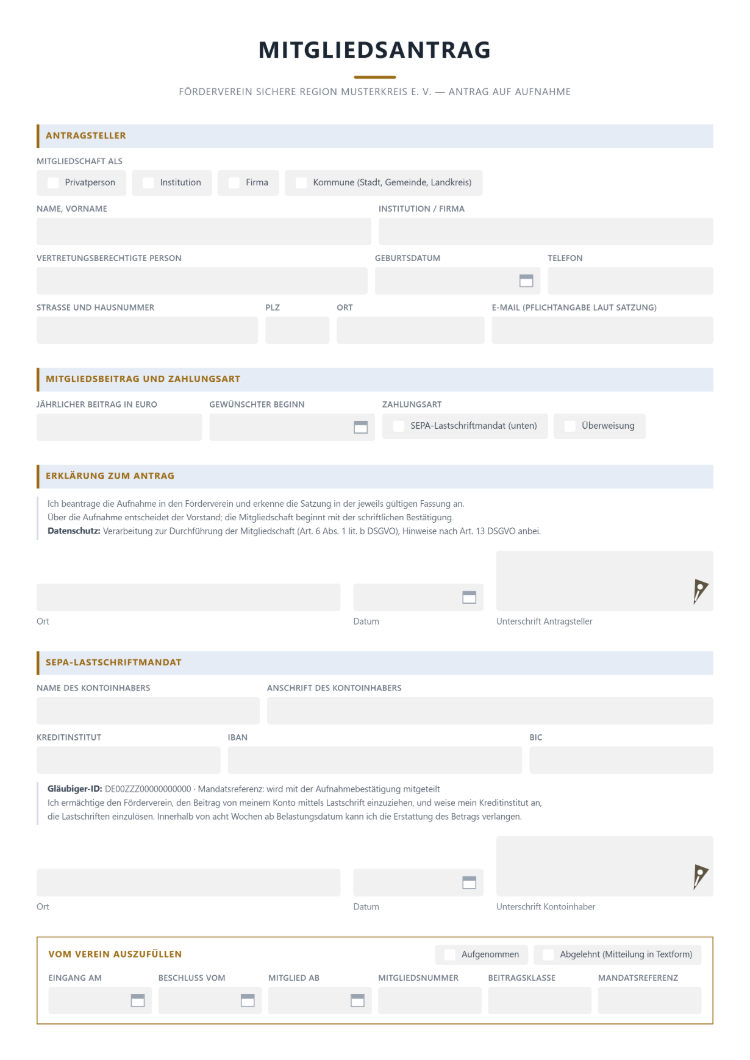 Mitgliedsantrag eines Fördervereins für Privatperson, Institution, Firma oder Kommune mit Beitrag, Zahlungsart, SEPA-Lastschriftmandat und Feld für Aufnahme oder Ablehnung