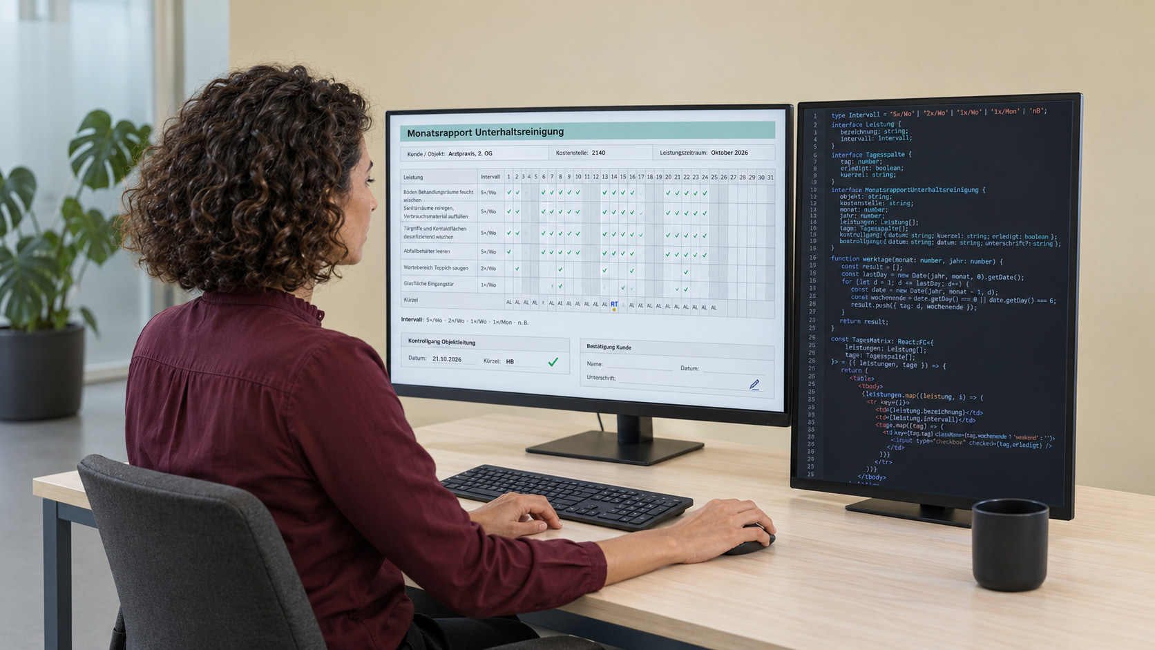 Entwicklerin programmiert den Monatsrapport: links der Monatsrapport Unterhaltsreinigung einer Arztpraxis mit Leistungen, Intervall, Tagesspalten 1 bis 31, Kürzeln, Kontrollgang der Objektleitung und Bestätigung des Kunden, rechts der Code