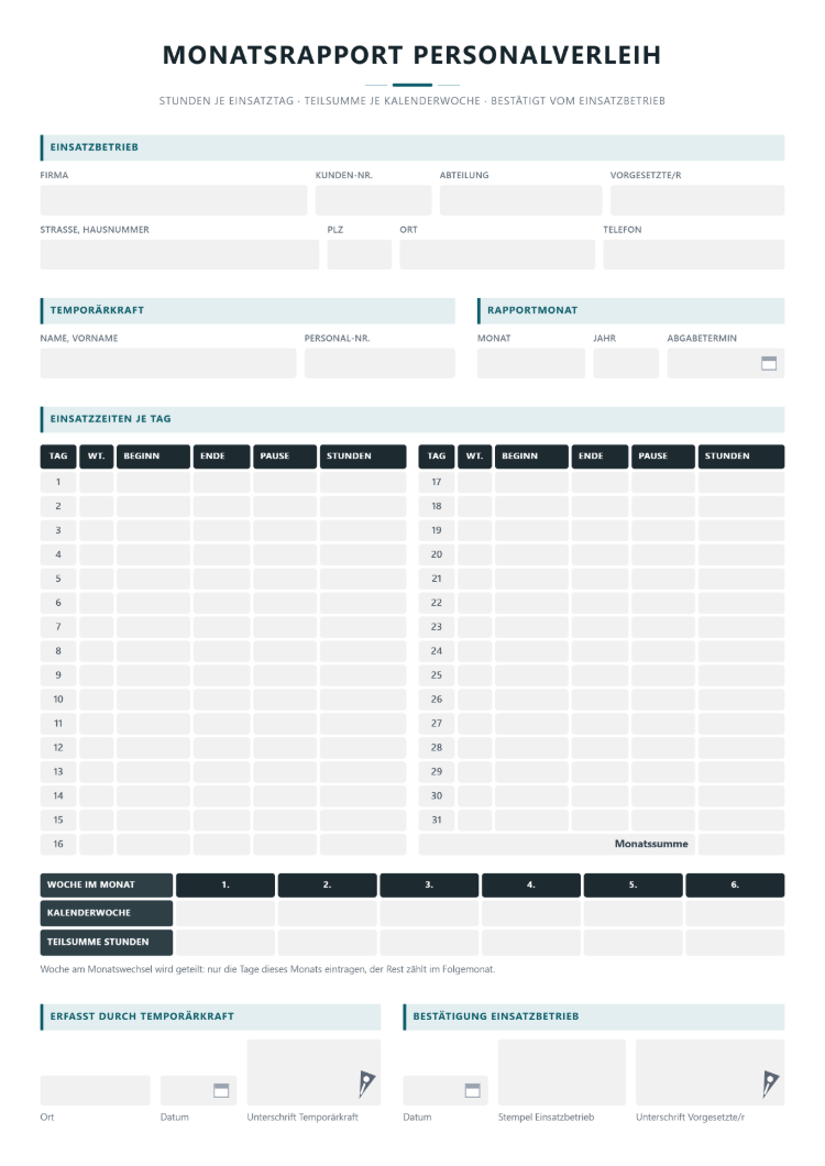 Monatsrapport Personalverleih mit Einsatzbetrieb, Temporärkraft und Rapportmonat mit Abgabetermin, Einsatzzeiten je Tag mit Beginn, Ende, Pause und Stunden, Monatssumme, Teilsumme je Kalenderwoche sowie Bestätigung des Einsatzbetriebs mit Stempel und Unterschrift