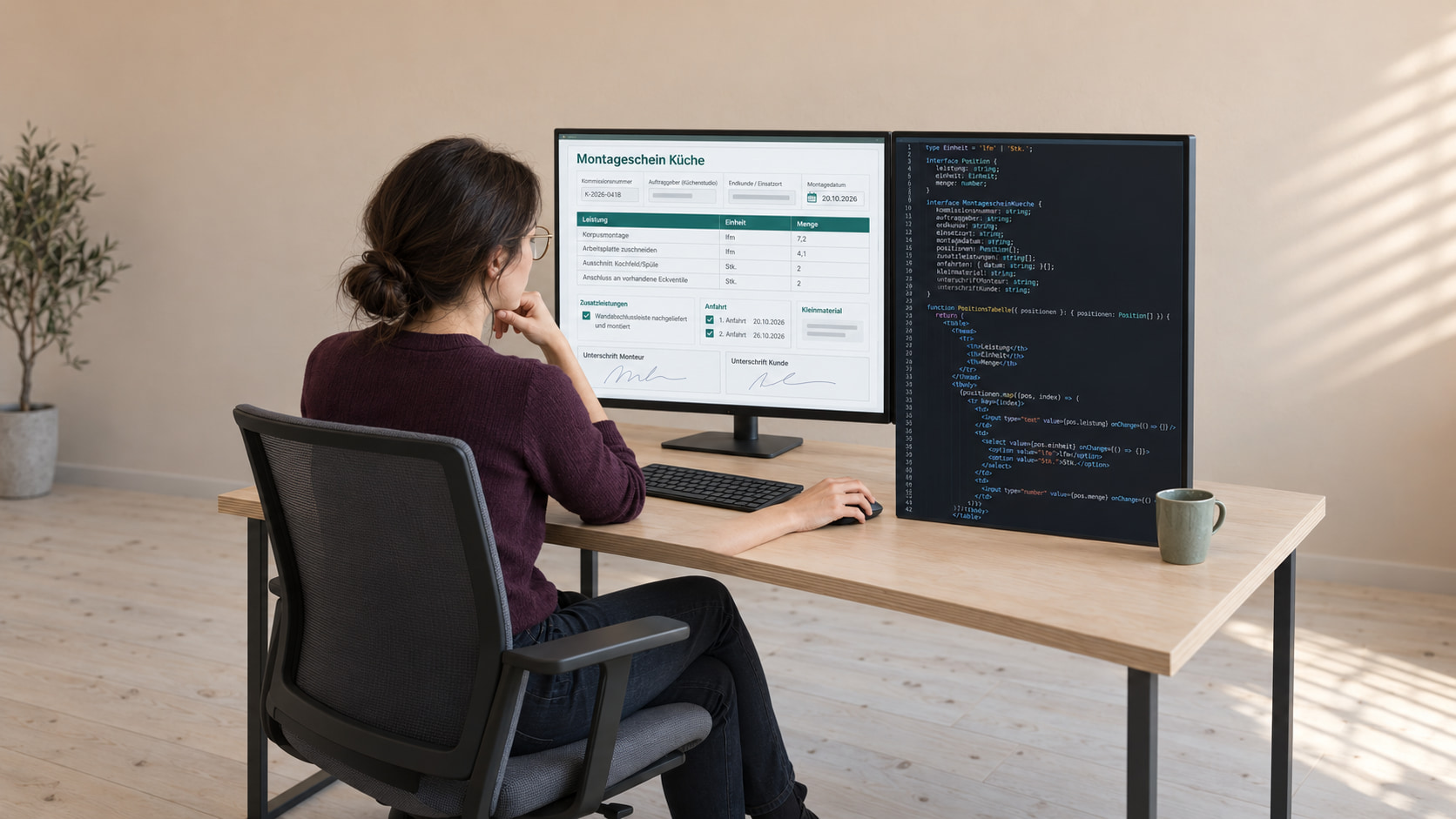 Entwicklerin programmiert die Montage-Vorlage: links der Montageschein Küche mit Positionen, Anfahrten und Unterschriften, rechts der Code dazu