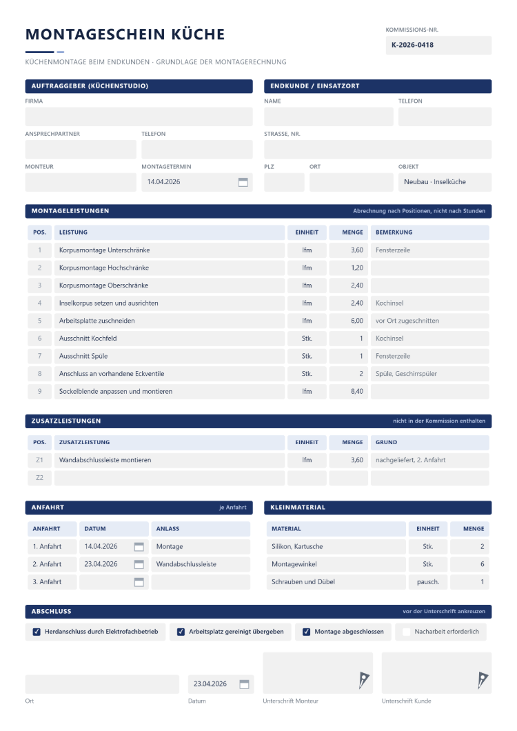 Montageschein Küche mit Auftraggeber Küchenstudio, Endkunde und Einsatzort, Montageleistungen je laufendem Meter oder Stück, Zusatzleistungen, Anfahrten, Kleinmaterial und Unterschrift von Monteur und Kunde