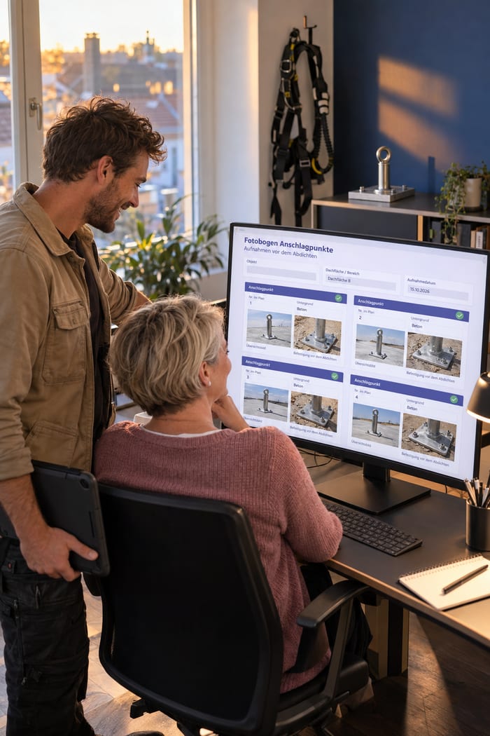 Büroleiterin und Monteur eines Dachdeckerbetriebs freuen sich am Monitor über den digitalen Fotobogen der Anschlagpunkte