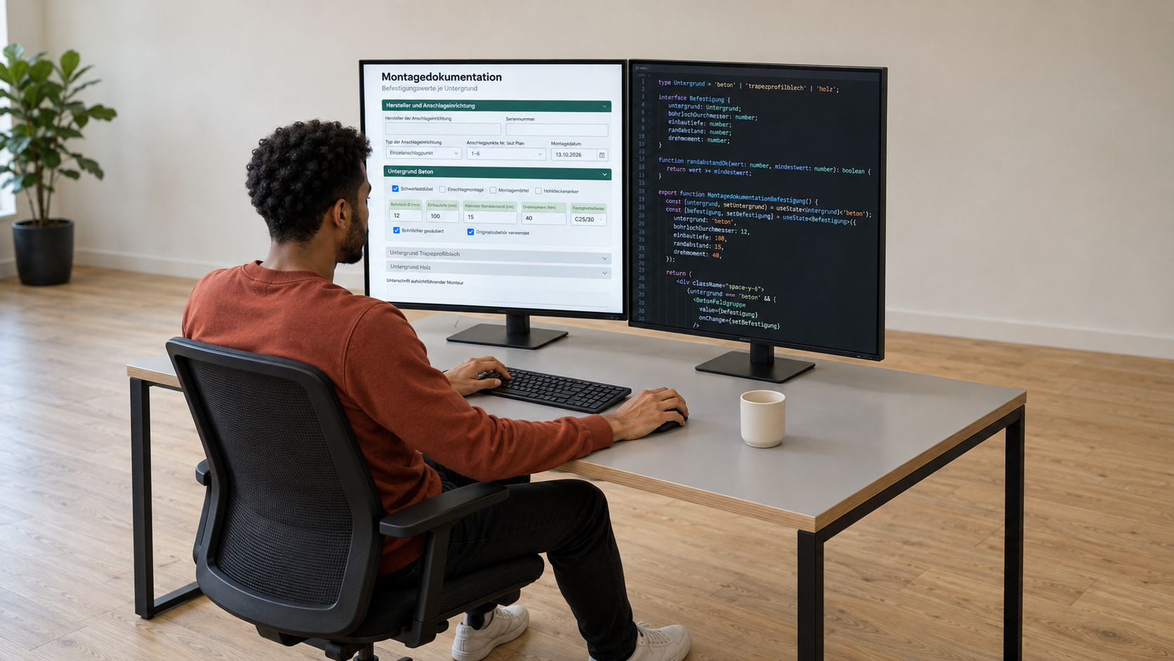 Softwareentwickler programmiert die Montagedokumentation, auf dem einen Monitor das Formular mit Befestigungswerten je Untergrund, auf dem anderen der Code
