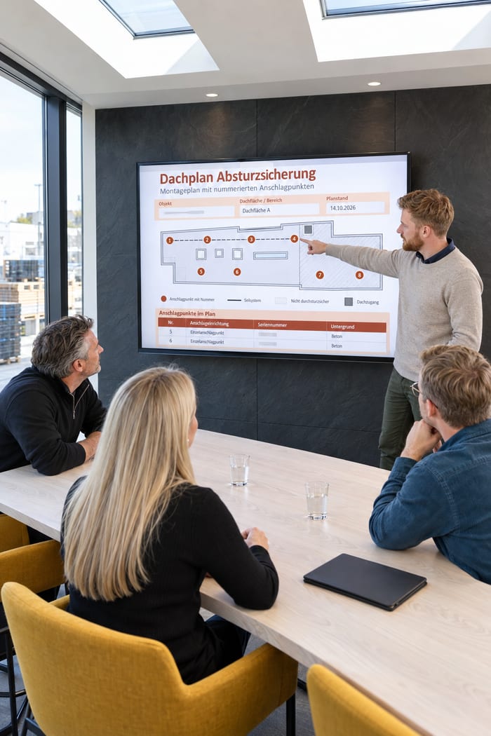 Beratung im Besprechungsraum: Ein Berater zeigt am Wandbildschirm den Dachplan Absturzsicherung mit nummerierten Anschlagpunkten