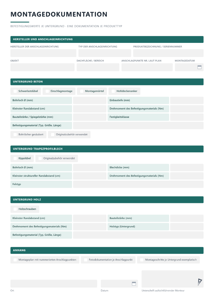 Montagedokumentation einer Anschlageinrichtung mit Befestigungswerten je Untergrund für Beton, Trapezprofilblech und Holz, darunter Bohrloch, Randabstand und Drehmoment