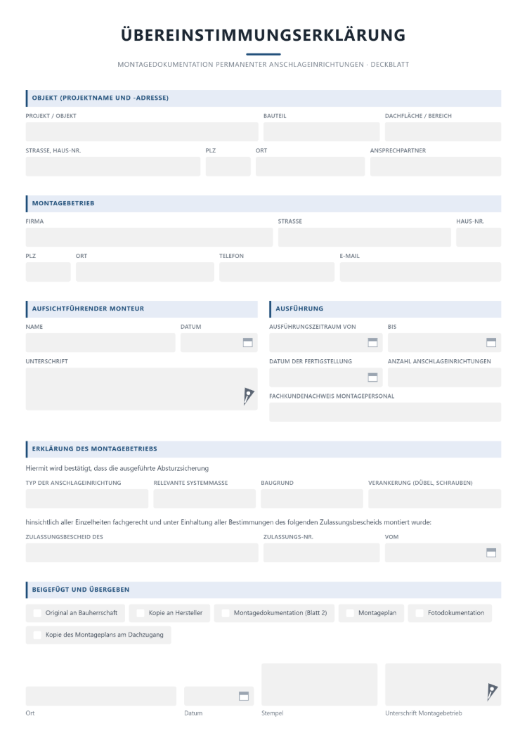 Übereinstimmungserklärung als Deckblatt der Montagedokumentation permanenter Anschlageinrichtungen mit Objekt, Montagebetrieb, aufsichtführendem Monteur, Zulassungsbescheid und Liste der übergebenen Unterlagen
