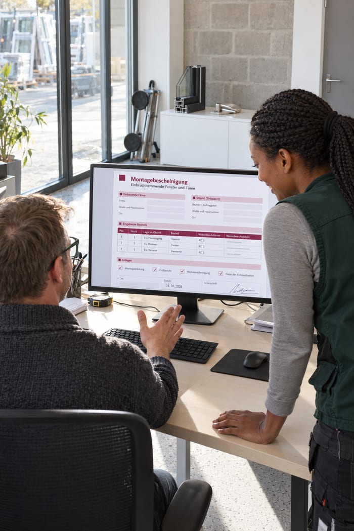 Monteurin und Kollege eines Fensterbaubetriebs besprechen im Büro am Monitor die digitale Montagebescheinigung für einbruchhemmende Fenster und Türen mit RC 2 je Bauteil