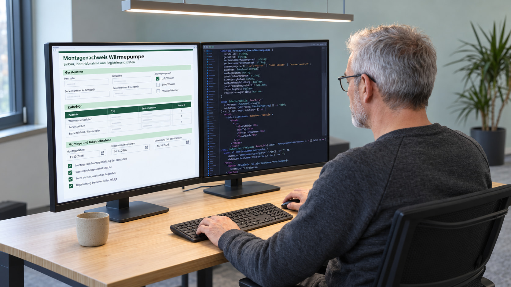 Softwareentwickler programmiert den Montagenachweis für die Wärmepumpe, links das Formular mit Gerätedaten, Zubehör und Inbetriebnahme, rechts der TypeScript-Code