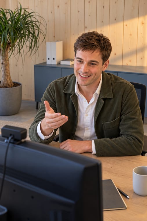 Formilo-Berater erklärt vor Monitor und Webcam im Online-Meeting, wie der Montagenachweis entsteht