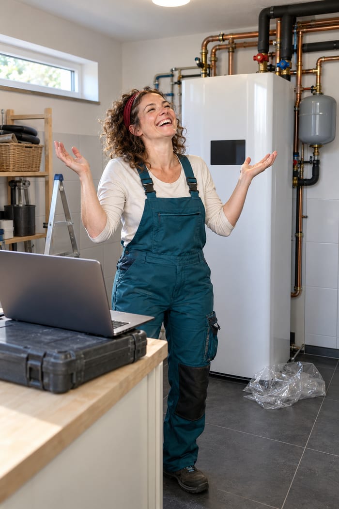 Monteurin eines SHK-Fachbetriebs lacht mit erhobenen Händen im Technikraum vor der frisch montierten Wärmepumpe mit neuen Kupferrohren, vor ihr der aufgeklappte Laptop auf dem Werkzeugkoffer