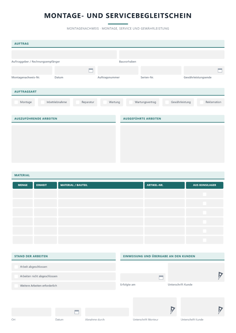 Montage- und Servicebegleitschein als Montagenachweis mit Serien-Nr. und Gewährleistungsende, Auftragsart, Materialtabelle mit Konsilager, Stand der Arbeiten samt „Weitere Arbeiten erforderlich“ sowie Einweisung und Übergabe an den Kunden