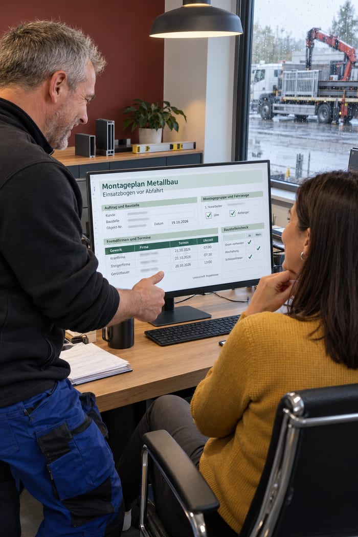 Projektleiterin und Vorarbeiter eines Metallbaubetriebs freuen sich am Monitor über den Montageplan Metallbau mit Fremdfirmenterminen und Baustellencheck