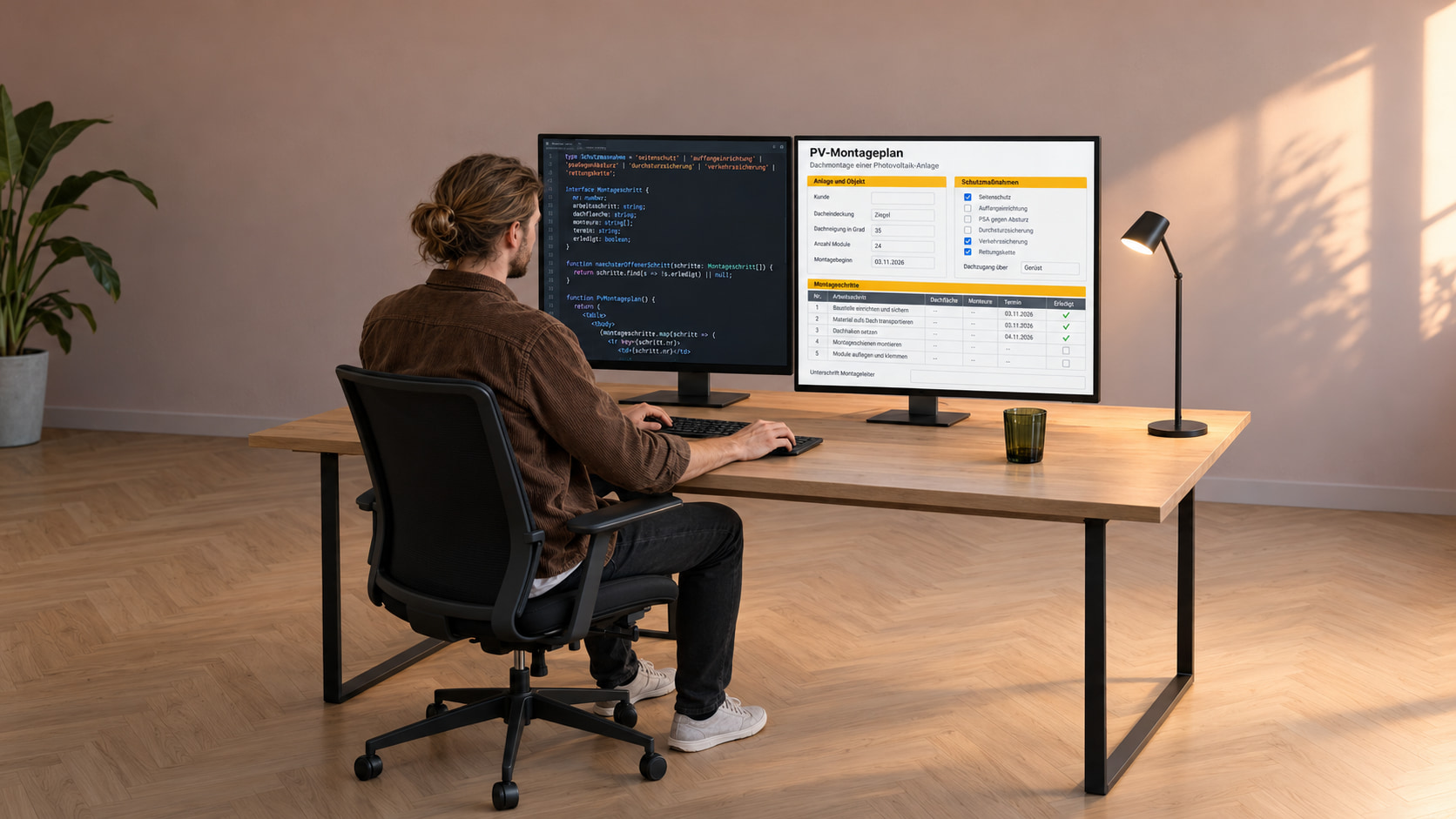 Softwareentwickler programmiert den Montageplan, auf dem linken Monitor der Code, auf dem rechten der PV-Montageplan mit Schutzmaßnahmen und Montageschritten