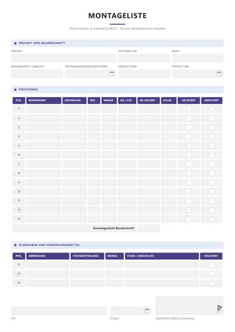 Montageliste je Bauabschnitt mit Positionen samt Zeichnung, Revision, Gewicht und Montagefolge, Häkchen für geliefert und montiert sowie Schrauben und Verbindungsmitteln