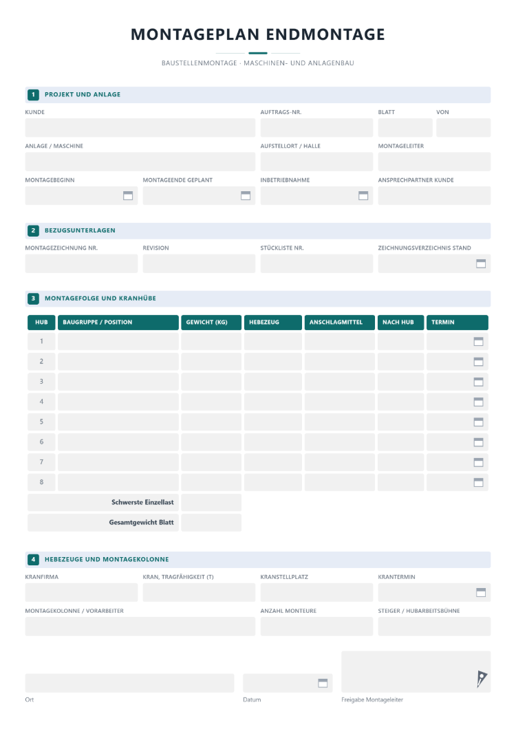 Montageplan für die Endmontage im Maschinen- und Anlagenbau mit Montagefolge und Kranhüben, Gewicht, Hebezeug und Anschlagmittel je Hub, schwerster Einzellast sowie Kranfirma und Montagekolonne