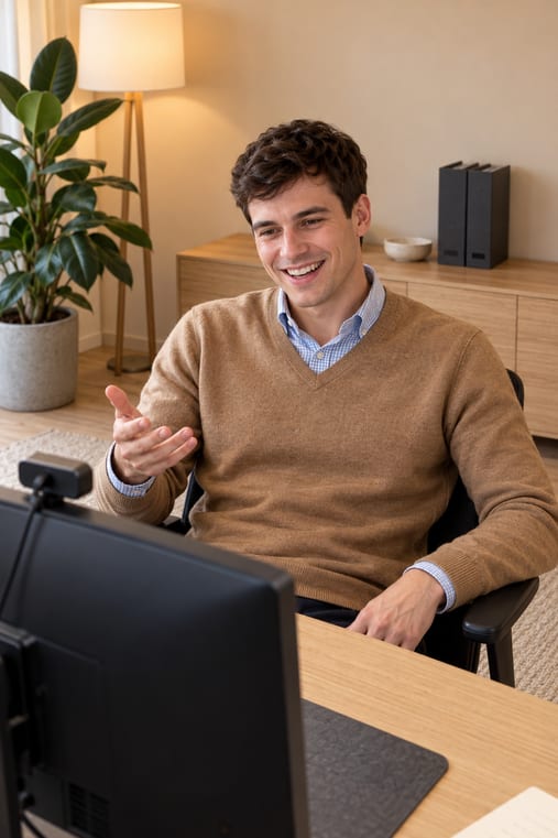 Formilo-Berater lacht im Online-Meeting und erklärt mit offener Geste, wie der Montageplan entsteht