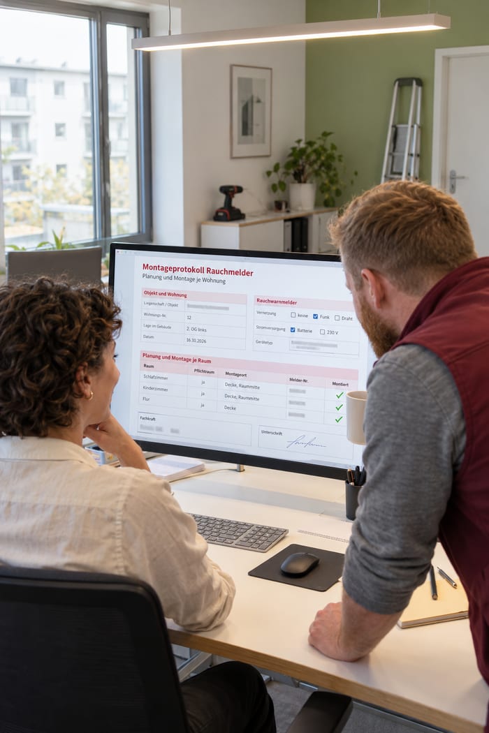 Projektleiterin und Monteur eines Elektrobetriebs prüfen im Büro zufrieden das digitale Montageprotokoll für Rauchmelder je Wohnung am Monitor