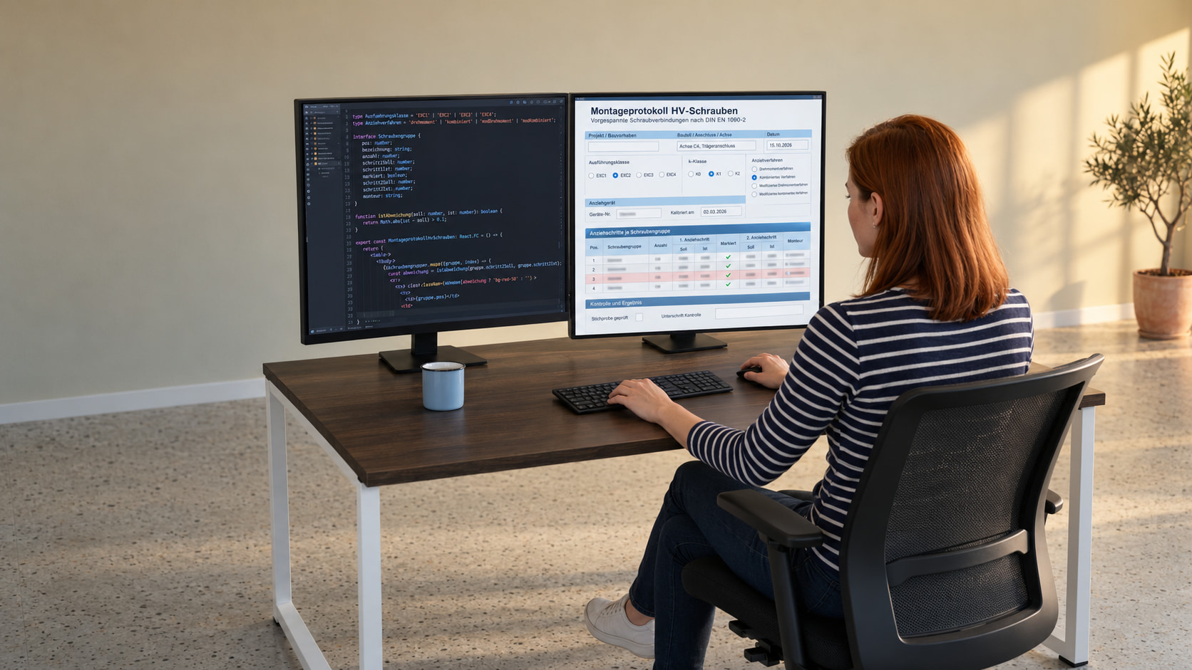 Softwareentwicklerin programmiert das Montageprotokoll für HV-Schrauben, rechts das Formular mit Soll und Ist je Anziehschritt, links der TypeScript-Code