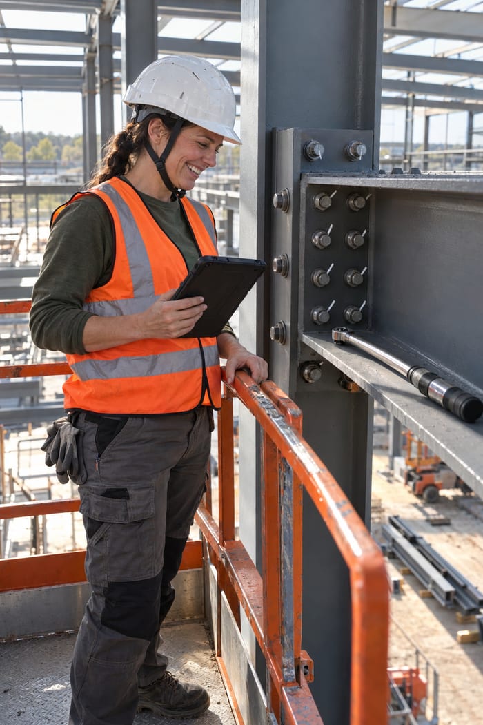 Stahlbaumonteurin im Arbeitskorb einer Hubarbeitsbühne lacht zufrieden auf ihr Tablet, daneben der frisch verschraubte Trägeranschluss mit markierten Schrauben und dem Drehmomentschlüssel auf dem Flansch
