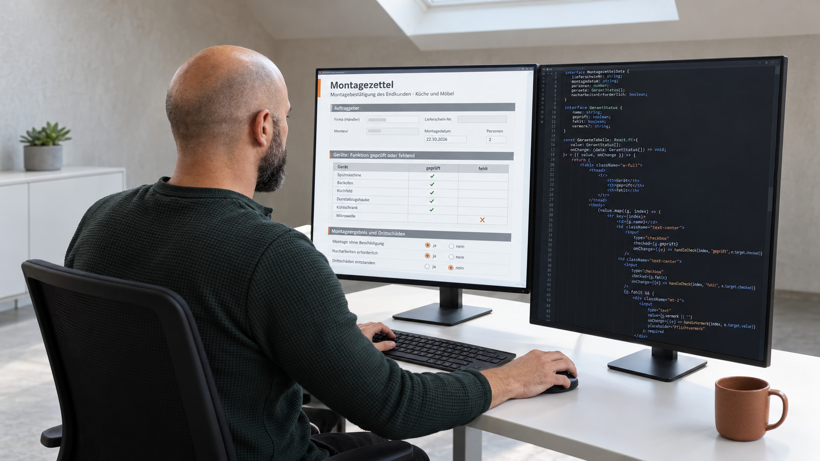 Softwareentwickler programmiert den Montagezettel, links das Formular mit Gerätetabelle und Drittschäden, rechts der Code