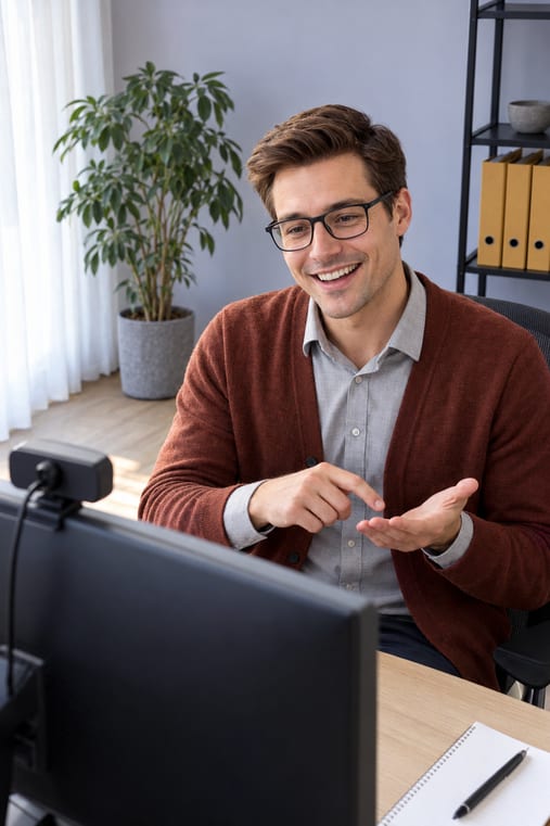 Formilo-Berater erklärt im Online-Meeting am Monitor mit Webcam, wie der digitale Montagezettel entsteht