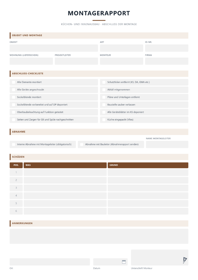 Montagezettel als Montagerapport für Küchen- und Innenausbau mit Objekt und Montage, Abschluss-Checkliste, Abnahme mit Montageleiter oder Bauleiter, Schadenstabelle mit Was und Grund und Unterschrift des Monteurs