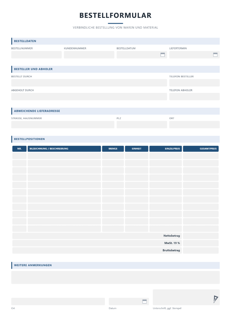 Order Form als Bestellformular-Vorlage